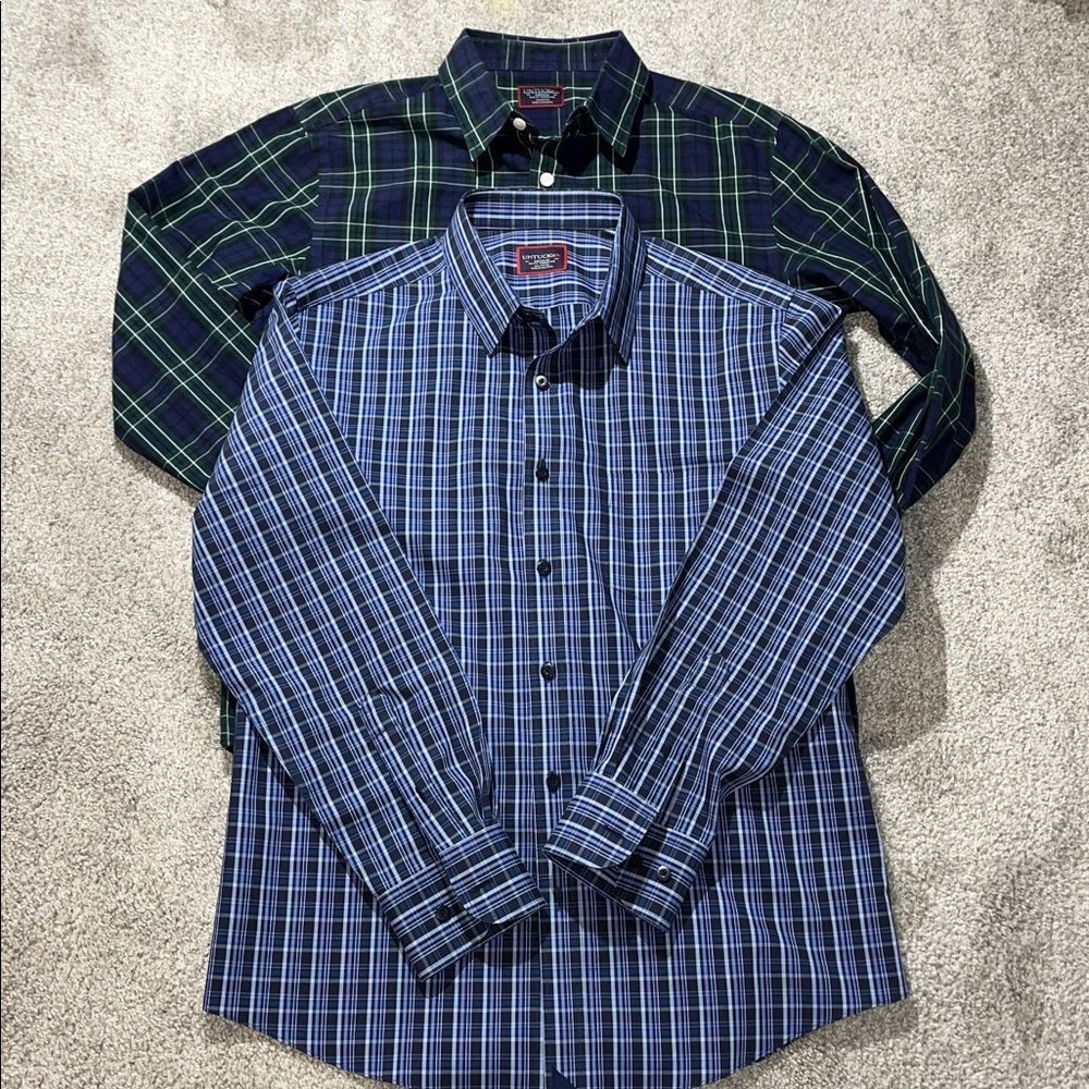 2-UnTuckit LS button down Black Watch & Blue Plaid Shirt M Slim Fit Wrinkle Free